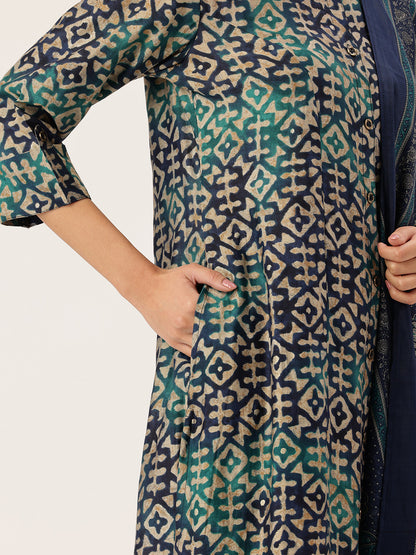 Geometric Printed Roll-Up Sleeves A-Line Kurta & Trousers With Dupatta ,geometric print, printed kurta set, A-line kurta, roll-up sleeves, kurta trouser set, kurta with dupatta, ethnic set, women ethnic wear, festive wear, casual ethnic, co-ord set