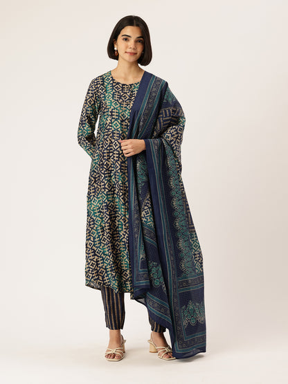 Geometric Printed Roll-Up Sleeves A-Line Kurta & Trousers With Dupatta ,geometric print, printed kurta set, A-line kurta, roll-up sleeves, kurta trouser set, kurta with dupatta, ethnic set, women ethnic wear, festive wear, casual ethnic,co-ord set