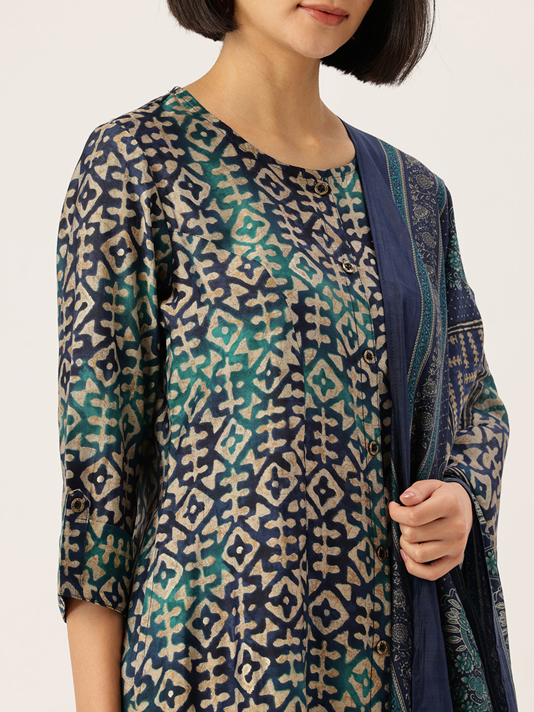 Geometric Printed Roll-Up Sleeves A-Line Kurta & Trousers With Dupatta ,geometric print, printed kurta set, A-line kurta, roll-up sleeves, kurta trouser set, kurta with dupatta, ethnic set, women ethnic wear, festive wear, casual ethnic, co-ord set