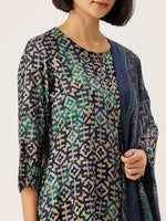 Geometric Printed Roll-Up Sleeves A-Line Kurta & Trousers With Dupatta