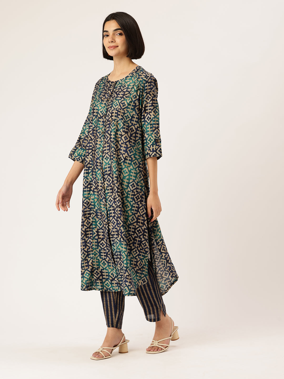 Geometric Printed Roll-Up Sleeves A-Line Kurta & Trousers With Dupatta ,geometric print, printed kurta set, A-line kurta, roll-up sleeves, kurta trouser set, kurta with dupatta, ethnic set, women ethnic wear, festive wear, casual ethnic, co-ord set