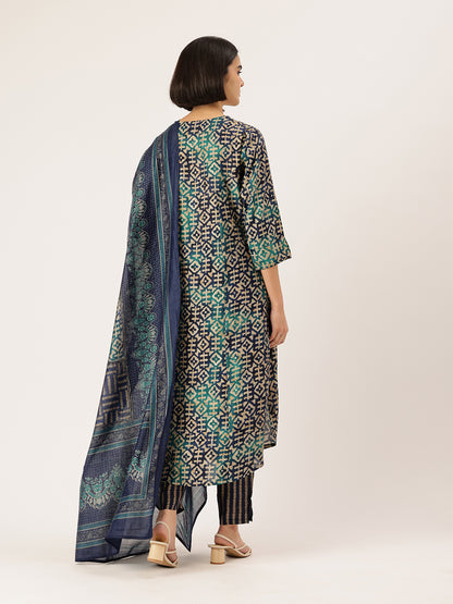Geometric Printed Roll-Up Sleeves A-Line Kurta & Trousers With Dupatta ,geometric print, printed kurta set, A-line kurta, roll-up sleeves, kurta trouser set, kurta with dupatta, ethnic set, women ethnic wear, festive wear, casual ethnic, co-ord set