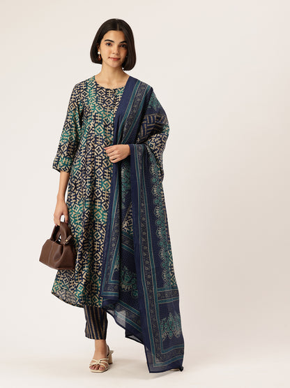 Geometric Printed Roll-Up Sleeves A-Line Kurta & Trousers With Dupatta ,geometric print, printed kurta set, A-line kurta, roll-up sleeves, kurta trouser set, kurta with dupatta, ethnic set, women ethnic wear, festive wear, casual ethnic, co-ord set