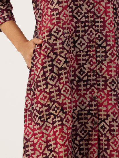 Maroon Geometric Printed Kurta & Trousers With Dupatta
