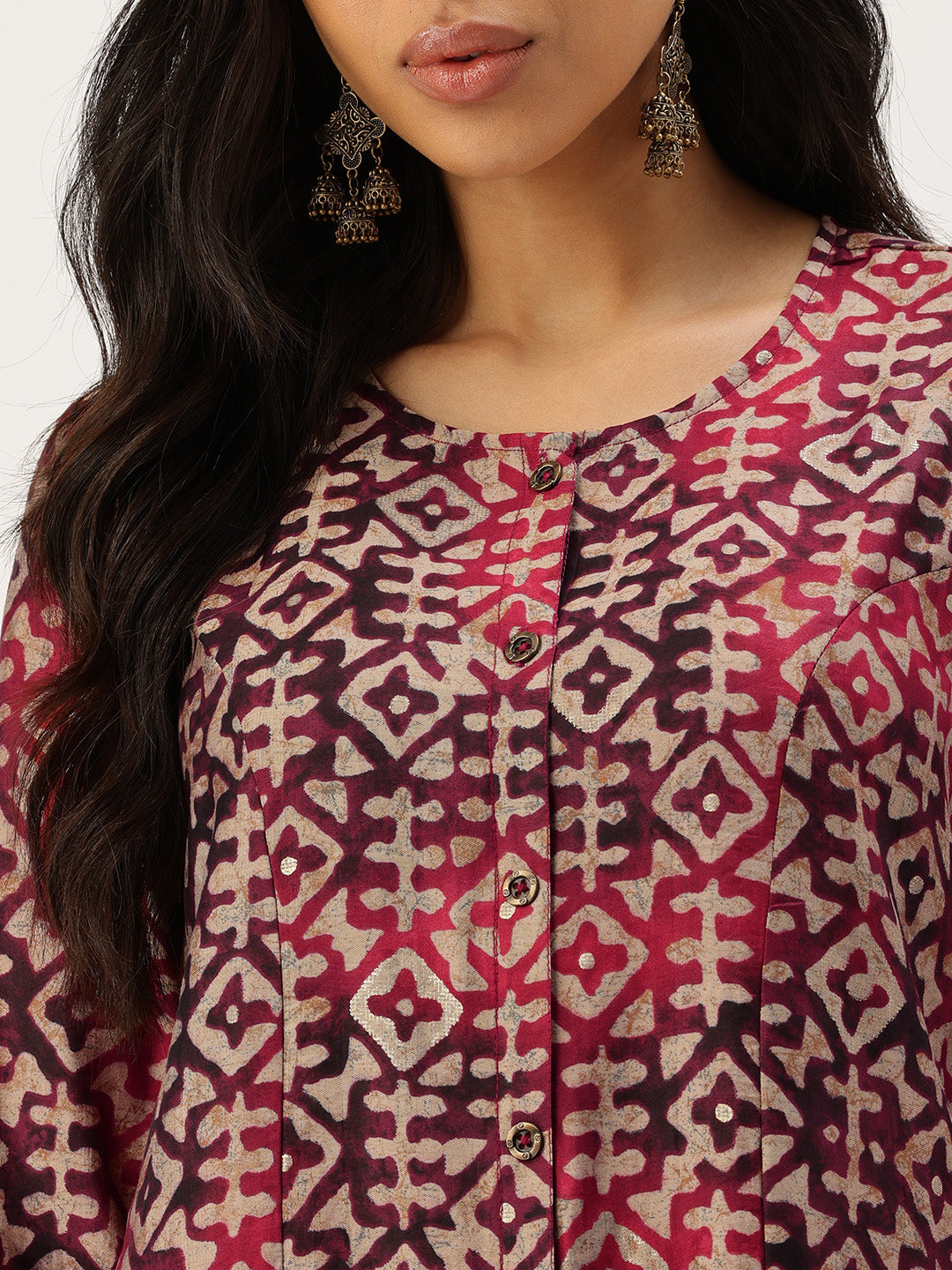 Maroon Geometric Printed Kurta & Trousers With Dupatta