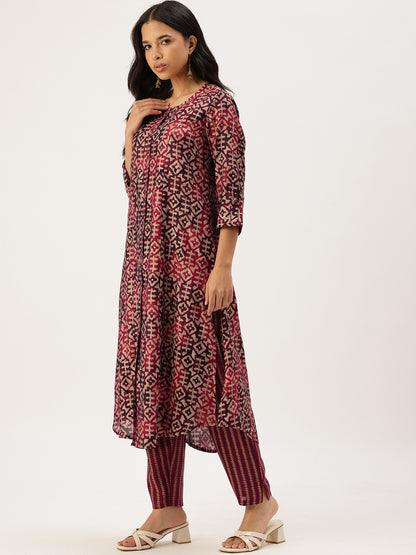 Maroon Geometric Printed Kurta & Trousers With Dupatta