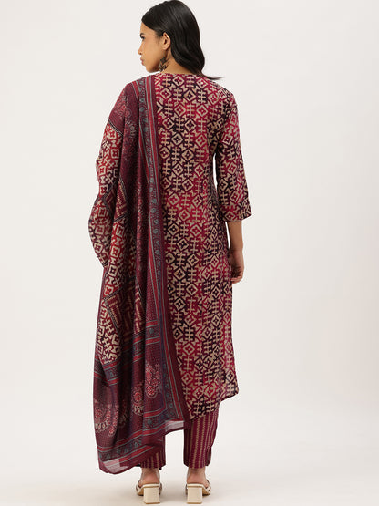 Maroon Geometric Printed Kurta & Trousers With Dupatta