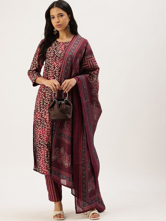 Maroon Geometric Printed Kurta & Trousers With Dupatta