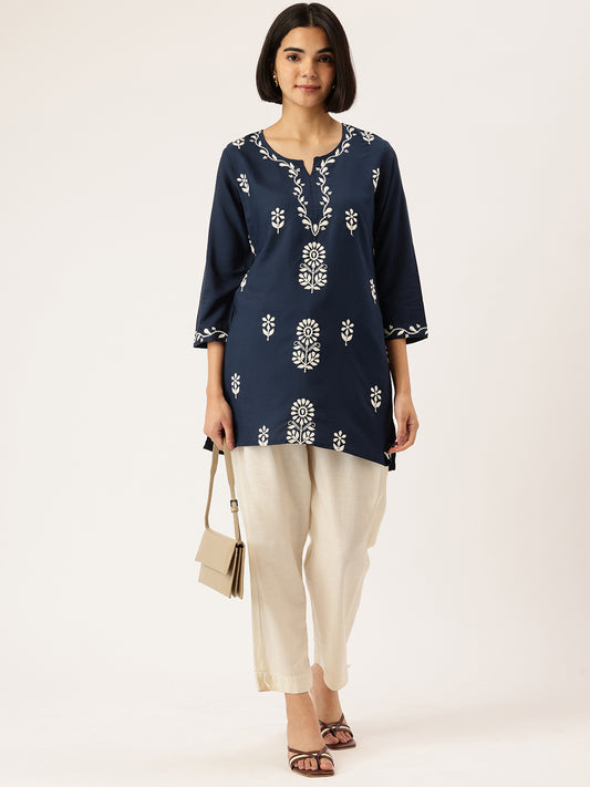 Blue Floral Embroidered Tunic, blue color short Kurtis, Floral embroidery short kurta, embroidered tunic, Blue color tunic, women tunic, ethnic wear short kurta casual wear short kurta, summer wear kurta, festive wear short kurta