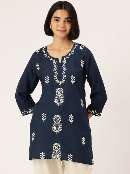Blue Floral Embroidered Tunic, blue color short Kurtis, Floral embroidery short kurta, embroidered tunic, Blue color tunic, women tunic, ethnic wear short kurta casual wear short kurta, summer wear kurta, festive wear short kurta
