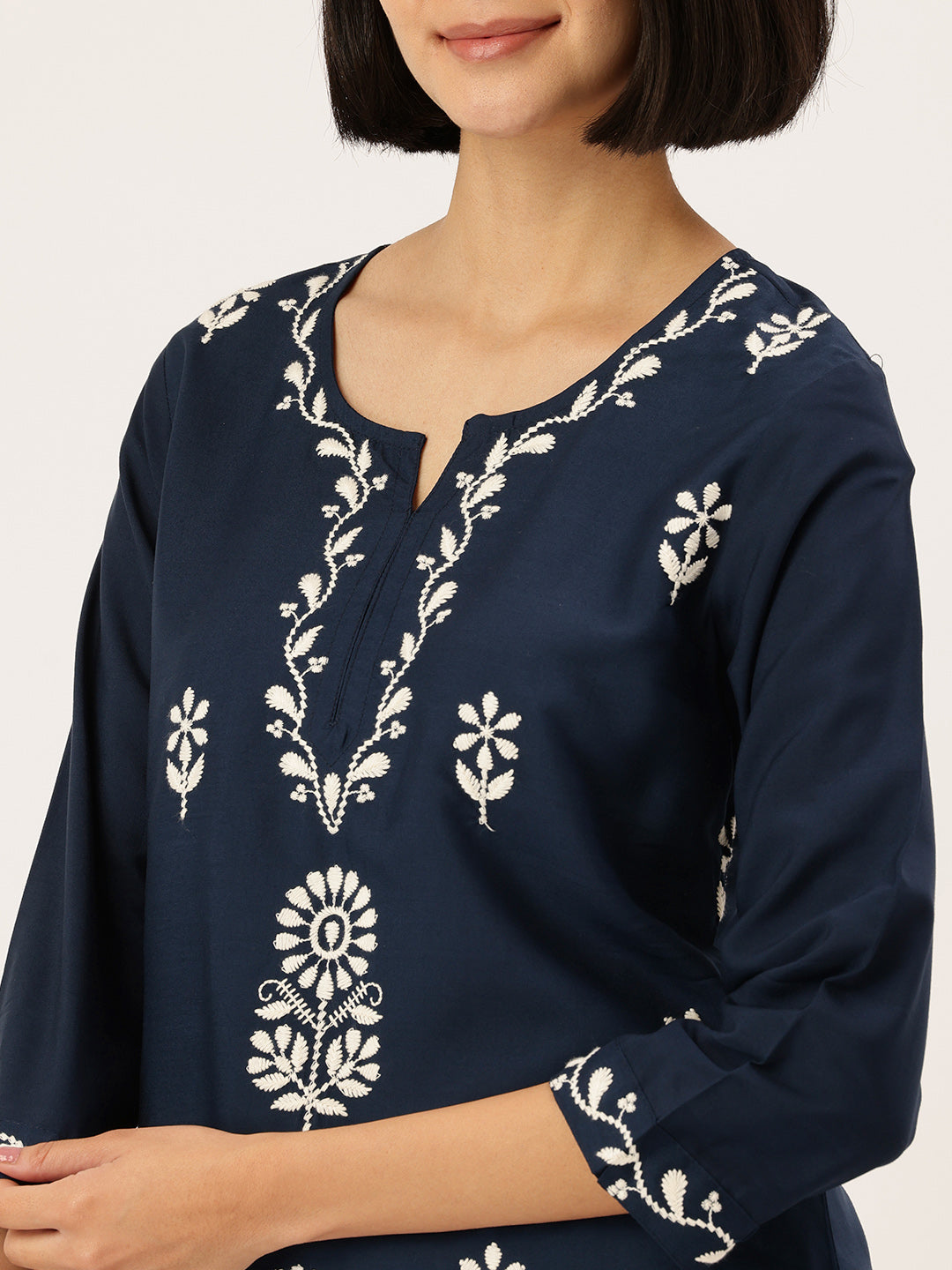 Blue Floral Embroidered Tunic, blue color short Kurtis, Floral embroidery short kurta, embroidered tunic, Blue color tunic, women tunic, ethnic wear short kurta casual wear short kurta, summer wear kurta, festive wear short kurta