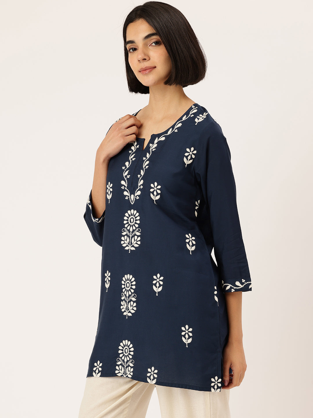 Blue Floral Embroidered Tunic, blue color short Kurtis, Floral embroidery short kurta, embroidered tunic, Blue color tunic, women tunic, ethnic wear short kurta casual wear short kurta, summer wear kurta, festive wear short kurta