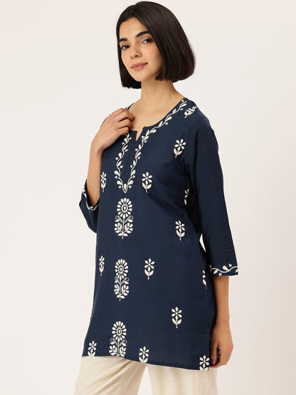 Blue Floral Embroidered Tunic, blue color short Kurtis, Floral embroidery short kurta, embroidered tunic, Blue color tunic, women tunic, ethnic wear short kurta casual wear short kurta, summer wear kurta, festive wear short kurta