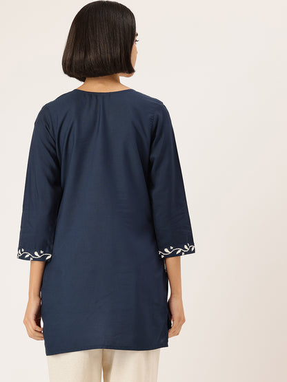 Blue Floral Embroidered Tunic, blue color short Kurtis, Floral embroidery short kurta, embroidered tunic, Blue color tunic, women tunic, ethnic wear short kurta casual wear short kurta, summer wear kurta, festive wear short kurta