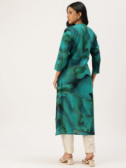 Teal Abstract Printed Mandarin Collar Kurta Teal Kurta, Abstract Printed Kurta, Teal Printed Kurta, Mandarin Collar Kurta, Abstract Kurta, Womens Kurta, Ethnic Wear, Indo Western Kurta, Casual Kurta, Office Wear Kurta, Festive Kurta, Long Kurta, New Arrival