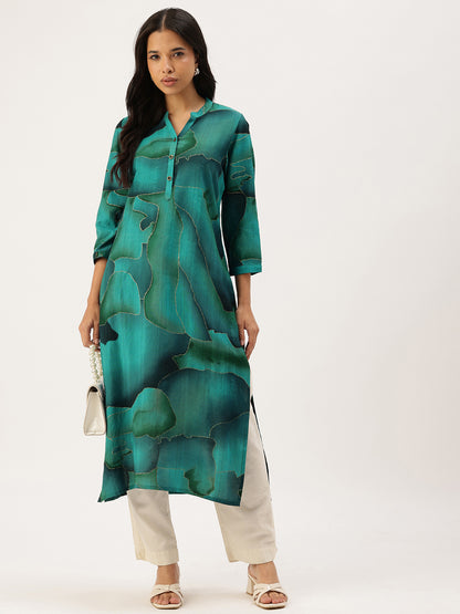 Teal Abstract Printed Mandarin Collar Kurta Teal Kurta, Abstract Printed Kurta, Teal Printed Kurta, Mandarin Collar Kurta, Abstract Kurta, Womens Kurta, Ethnic Wear, Indo Western Kurta, Casual Kurta, Office Wear Kurta, Festive Kurta, Long Kurta, New Arrival