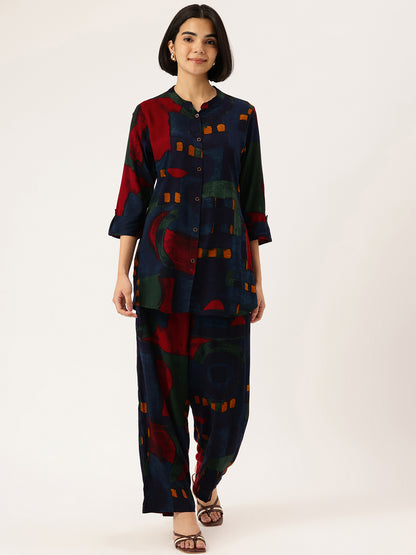 Abstract Printed Roll-Up Sleeves Tunic with Palazzos, Abstract printed tunic set, tunic palazzo set, women co-ord set, abstract print kurta, roll-up sleeves tunic, palazzo pants set, women ethnic fusion wear, casual wear for women, summer co-ord set, printed tunic set