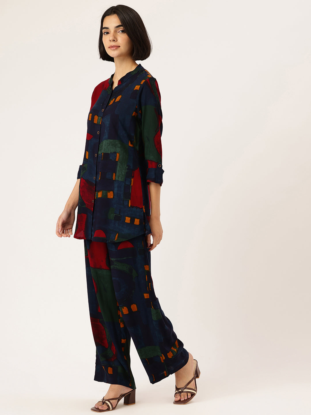 Abstract Printed Roll-Up Sleeves Tunic with Palazzos, Abstract printed tunic set, tunic palazzo set, women co-ord set, abstract print kurta, roll-up sleeves tunic, palazzo pants set, women ethnic fusion wear, casual wear for women, summer co-ord set, printed tunic set
