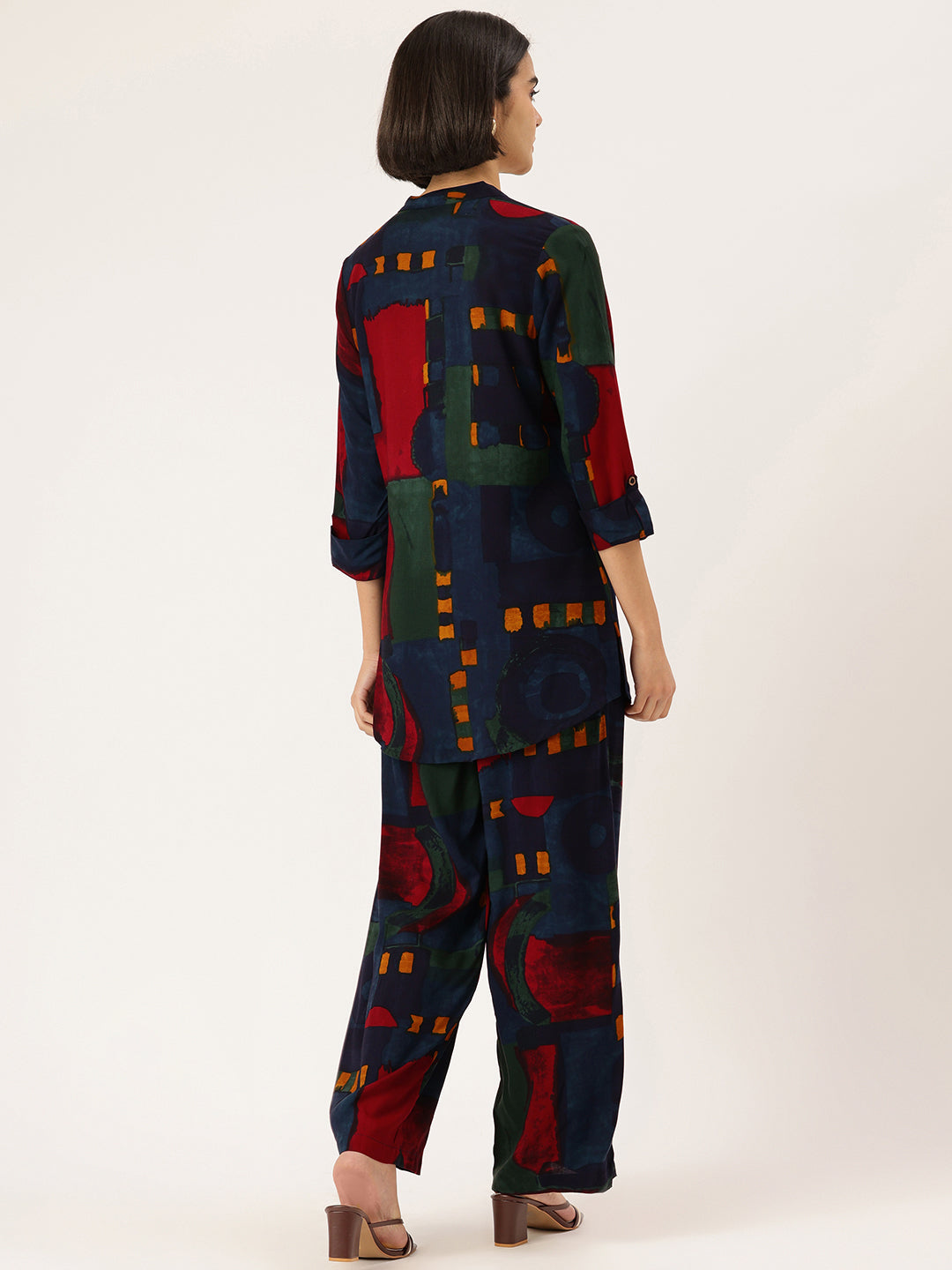 Abstract Printed Roll-Up Sleeves Tunic with Palazzos, Abstract printed tunic set, tunic palazzo set, women co-ord set, abstract print kurta, roll-up sleeves tunic, palazzo pants set, women ethnic fusion wear, casual wear for women, summer co-ord set, printed tunic set