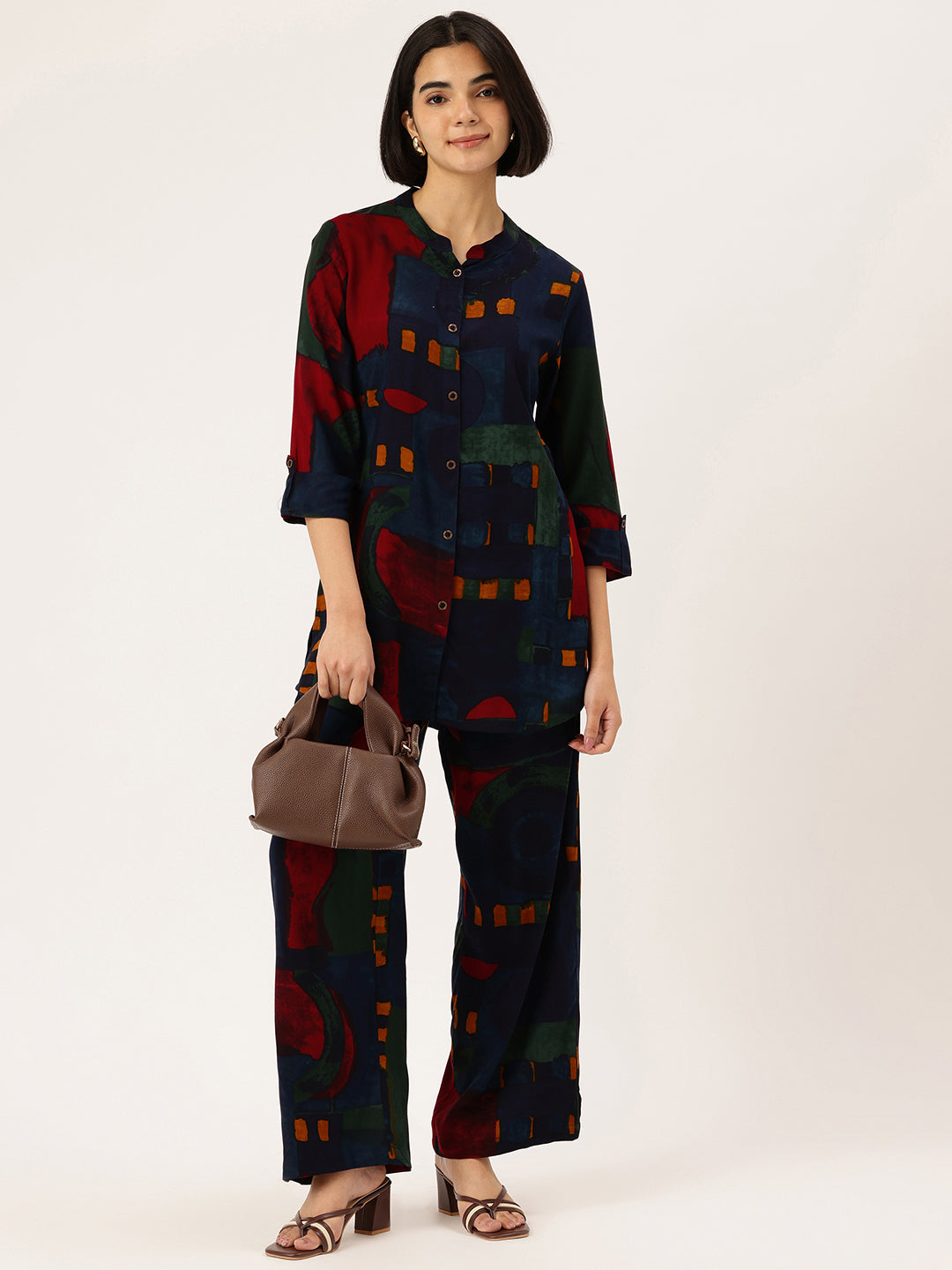 Abstract Printed Roll-Up Sleeves Tunic with Palazzos, Abstract printed tunic set, tunic palazzo set, women co-ord set, abstract print kurta, roll-up sleeves tunic, palazzo pants set, women ethnic fusion wear, casual wear for women, summer co-ord set, printed tunic set