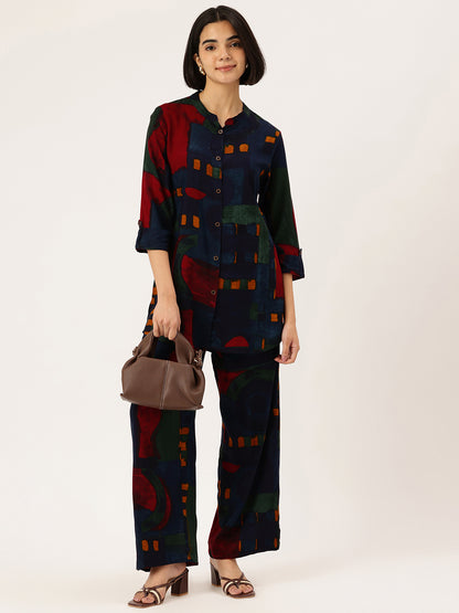 Abstract Printed Roll-Up Sleeves Tunic with Palazzos, Abstract printed tunic set, tunic palazzo set, women co-ord set, abstract print kurta, roll-up sleeves tunic, palazzo pants set, women ethnic fusion wear, casual wear for women, summer co-ord set, printed tunic set
