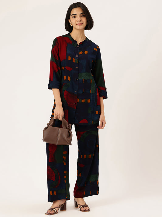 Abstract Printed Roll-Up Sleeves Tunic with Palazzos, Abstract printed tunic set, tunic palazzo set, women co-ord set, abstract print kurta, roll-up sleeves tunic, palazzo pants set, women ethnic fusion wear, casual wear for women, summer co-ord set, printed tunic set