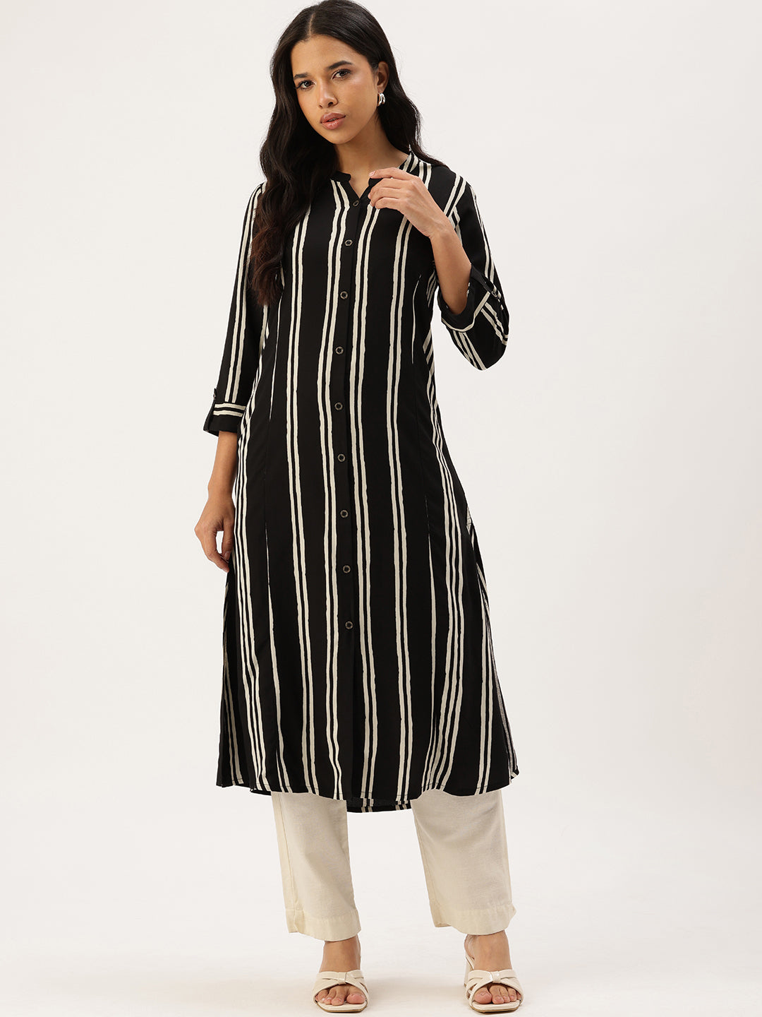 Striped Mandarin Collar Kurta ,Striped Kurta, Striped Mandarin Collar Kurta, Mandarin Collar Kurta, Striped Ethnic Kurta, Womens Kurta, Ethnic Wear, Indo Western Kurta, Casual Kurta, Office Wear Kurta, Festive Kurta, Long Kurta