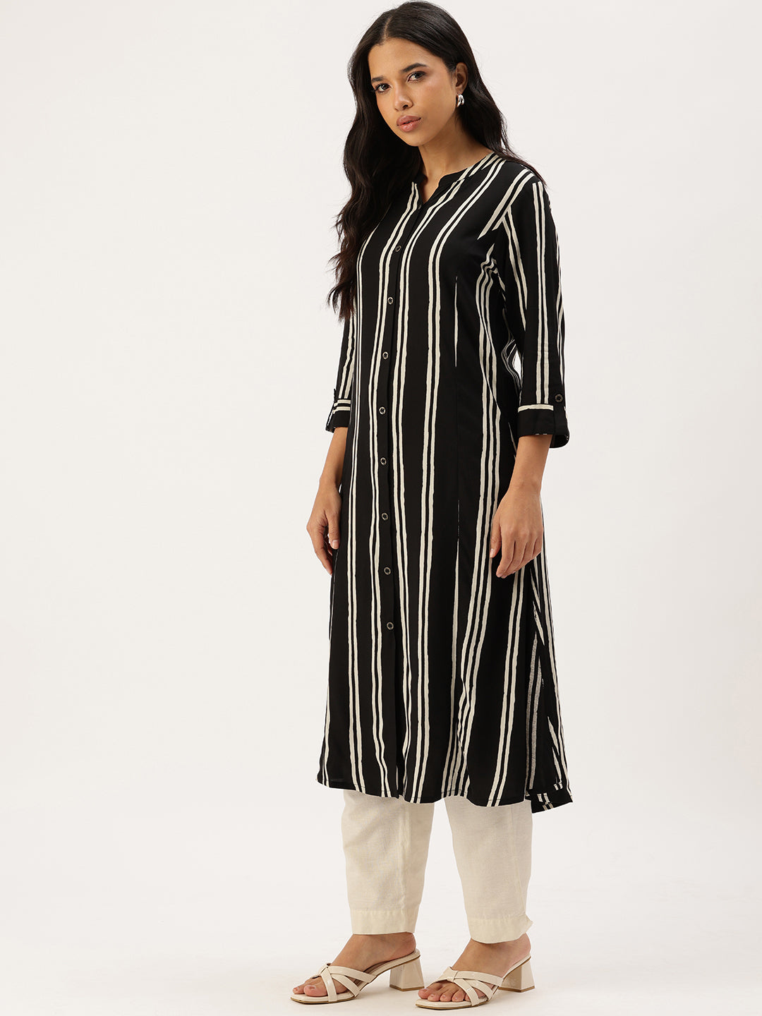 Striped Mandarin Collar Kurta ,Striped Kurta, Striped Mandarin Collar Kurta, Mandarin Collar Kurta, Striped Ethnic Kurta, Womens Kurta, Ethnic Wear, Indo Western Kurta, Casual Kurta, Office Wear Kurta, Festive Kurta, Long Kurta