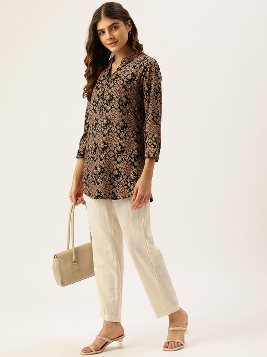 Black Geometric Collar Printed Tunic