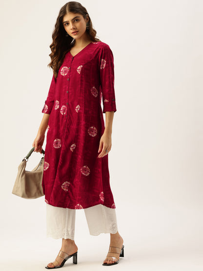 Wine Geometric Dyed V-Neck Straight Kurta