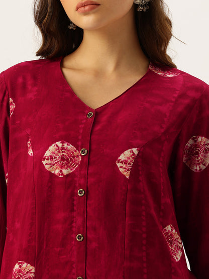 Wine Geometric Dyed V-Neck Straight Kurta