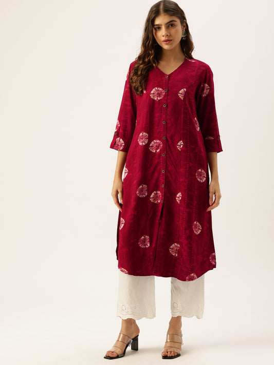 Wine Geometric Dyed V-Neck Straight Kurta