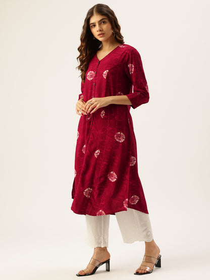 Wine Geometric Dyed V-Neck Straight Kurta