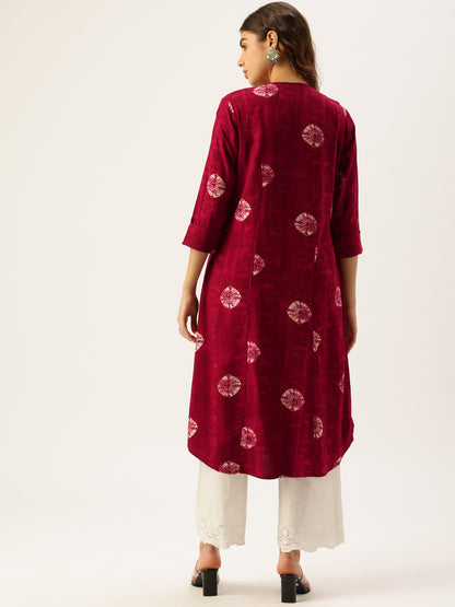Wine Geometric Dyed V-Neck Straight Kurta