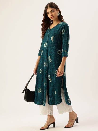 Blue Geometric Dyed V-Neck Straight Kurta