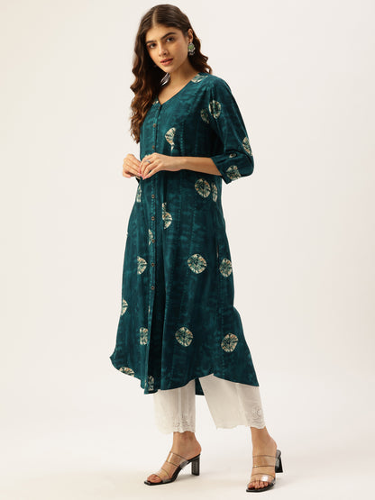 Blue Geometric Dyed V-Neck Straight Kurta