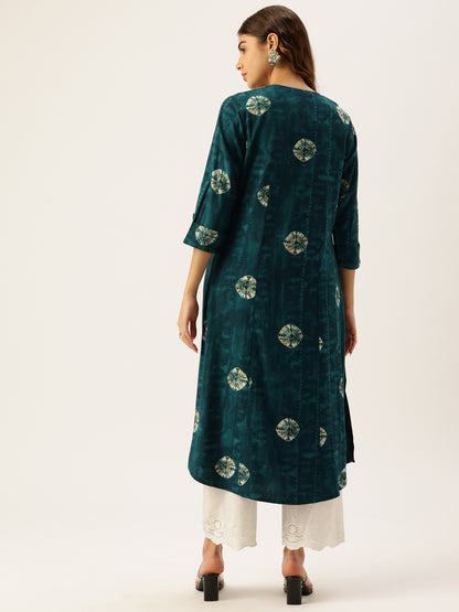 Blue Geometric Dyed V-Neck Straight Kurta