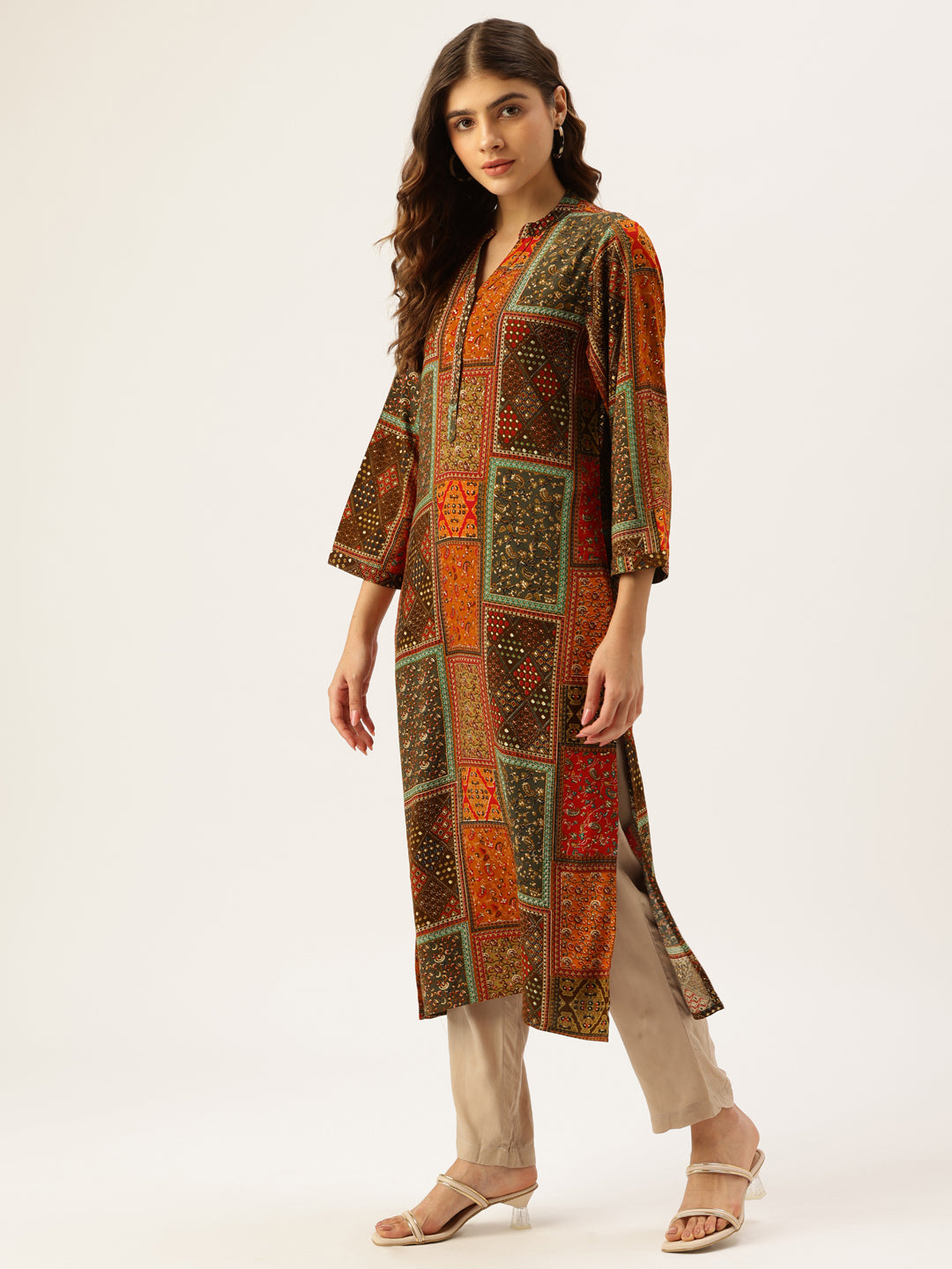 Orange Printed Straight Kurta