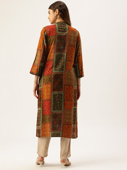 Orange Printed Straight Kurta