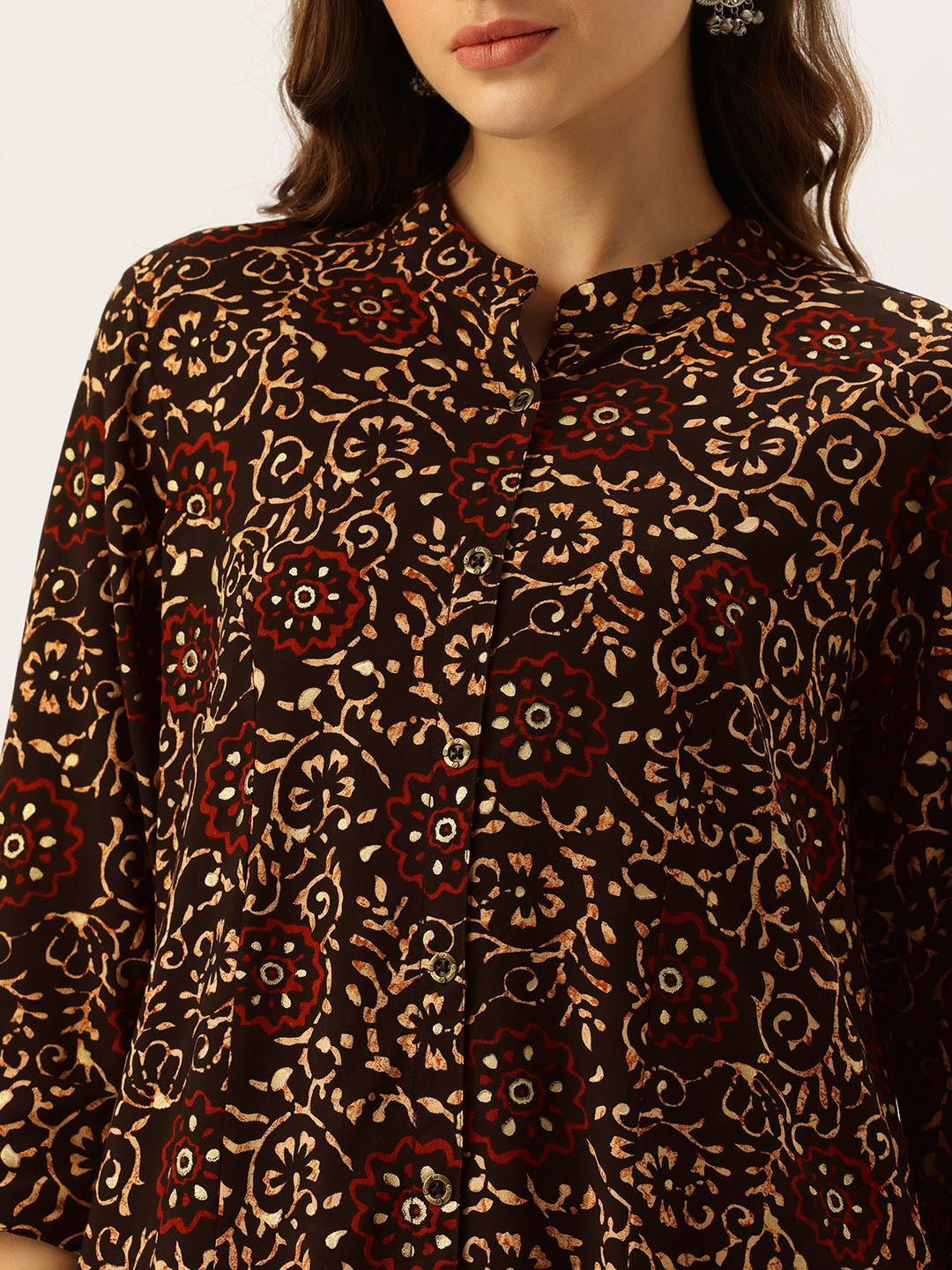 Black Floral Printed Mandarin Collar Straight Kurta