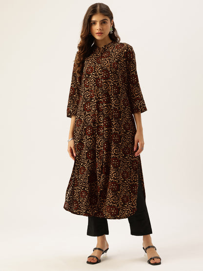 Black Floral Printed Mandarin Collar Straight Kurta