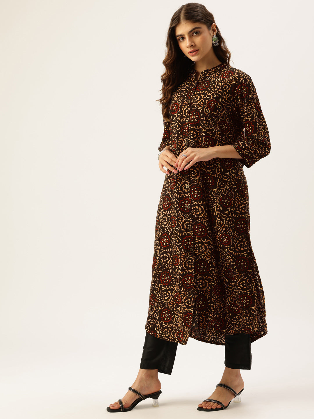 Black Floral Printed Mandarin Collar Straight Kurta