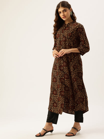 Black Floral Printed Mandarin Collar Straight Kurta