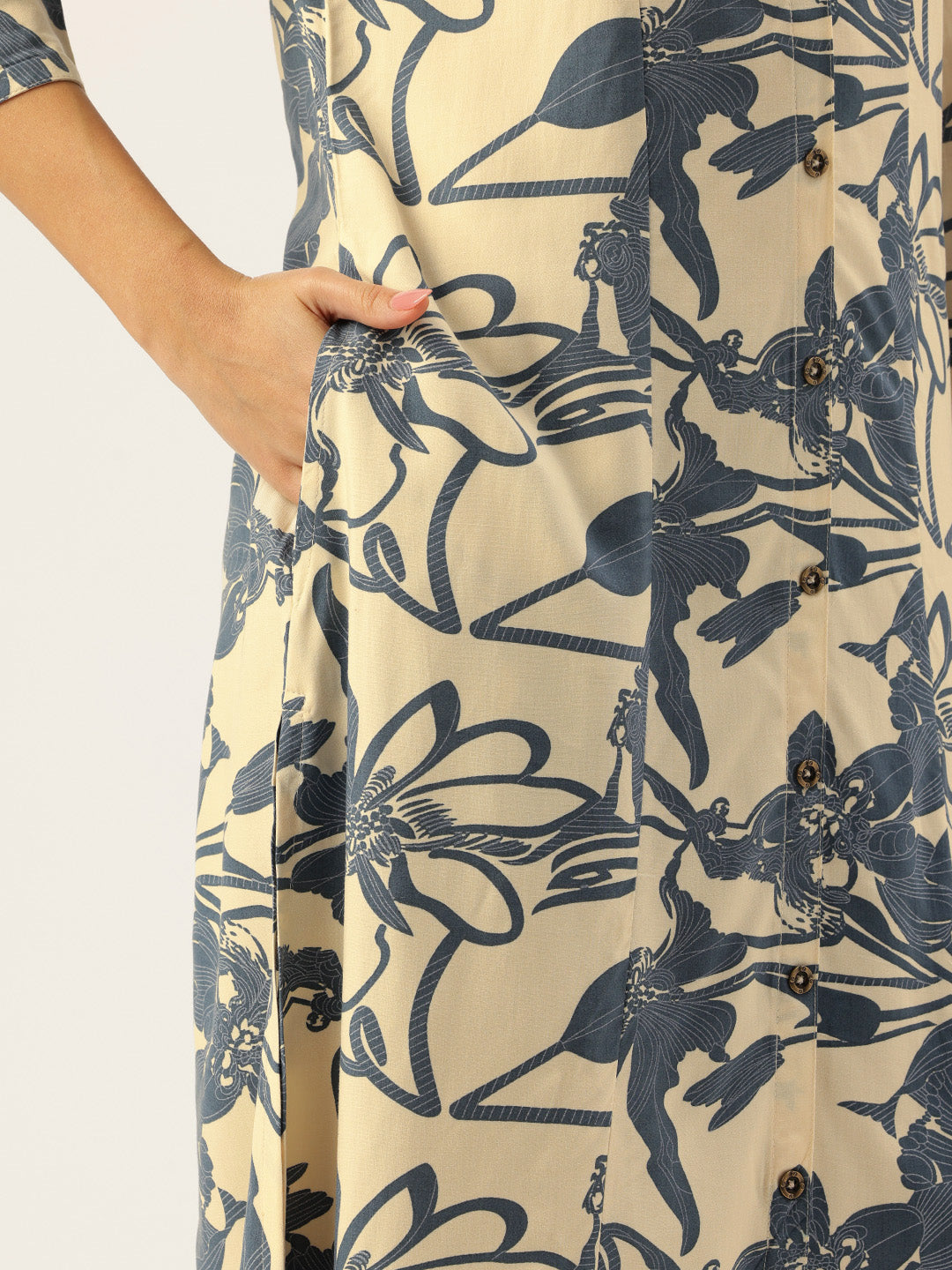 Beige Floral Printed A-Line Kurta