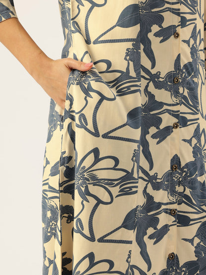 Beige Floral Printed A-Line Kurta