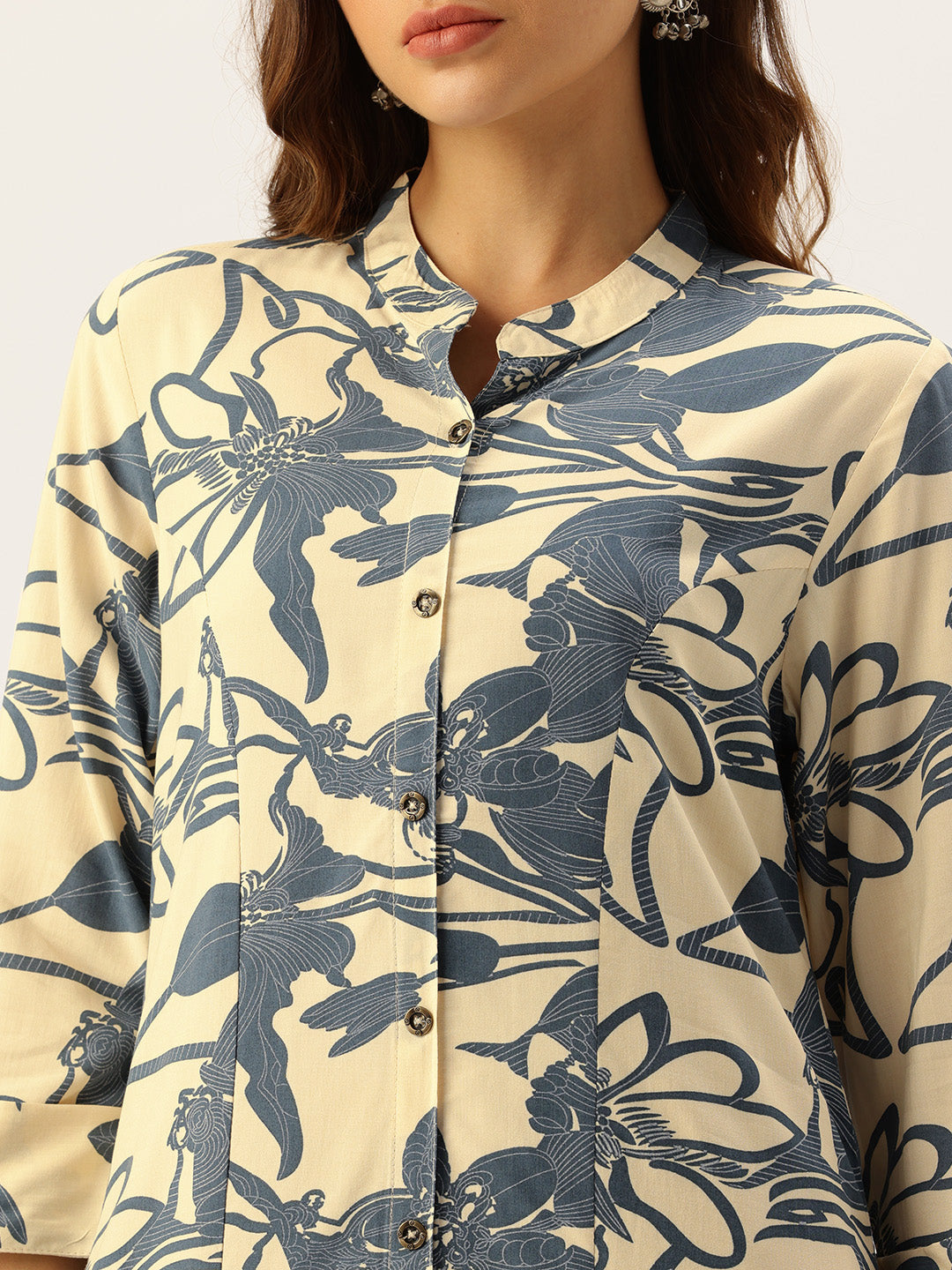 Beige Floral Printed A-Line Kurta