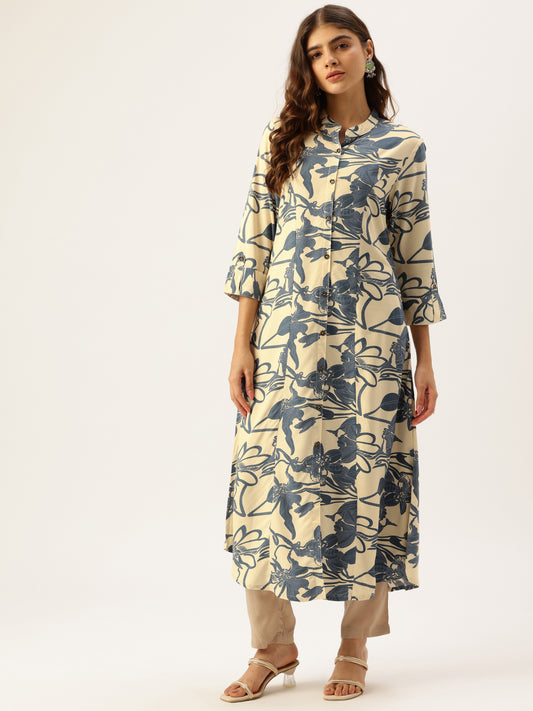 Beige Floral Printed A-Line Kurta