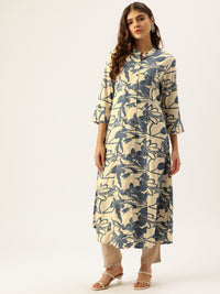 Beige Floral Printed A-Line Kurta