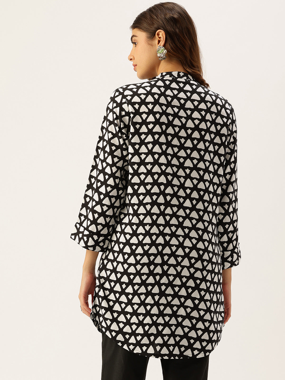 Black Rayon Mandarin Collar Printed Tunic