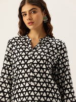 Black Rayon Mandarin Collar Printed Tunic